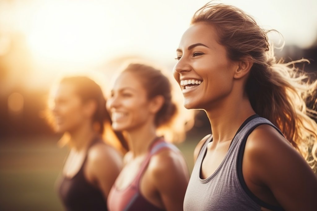Smiling woman running with friends. Happy living an active lifestyle.